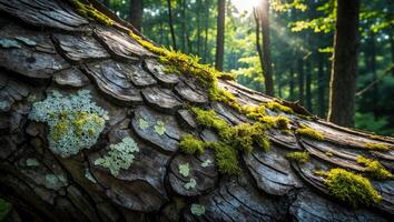 Fallen Tree Trunk Covered in Moss and Lichen in Forest photo