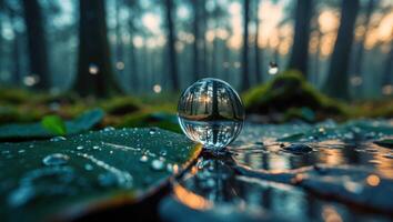 Forest Through Crystal Ball Reflecting Sunlight on Wet Leaf Surface photo
