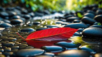 Red Leaf Floating on Wet Black Stones with Blurred Greenery Background photo