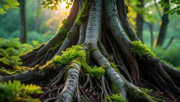 Exposed Tree Roots Covered in Moss in a Forest Setting photo