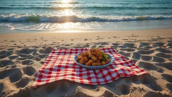 Snack on Beach Picnic Blanket with Ocean View and Sunlight photo
