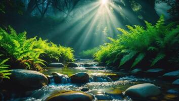 Stream Flowing Through Forest with Sun Rays and Ferns photo