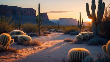 Cactus Landscape at Sunset in Desert Environment with Golden Light photo