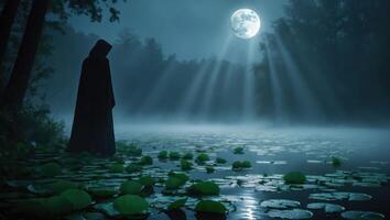 Figure in Robe by Foggy Lake Under Moonlight with Lily Pads photo