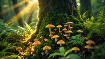 Mushrooms Growing Near Tree in Forest with Sunlight Streaming Through photo