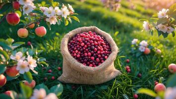 Burlap Sack Overflowing with Cranberries in Orchard with Apple Blossoms photo
