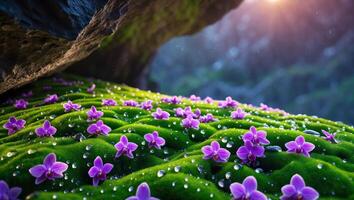 Blooming Orchids on Moss with Water Droplets in a Lush Landscape photo