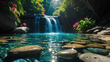Cascading Waterfall Flowing Into Pool with Rocks and Tropical Flowers photo
