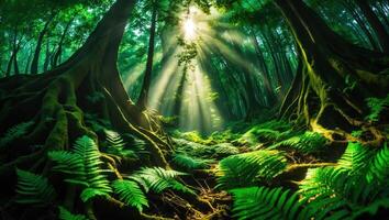Sunlight Through Forest Trees with Ferns and Greenery Scene photo