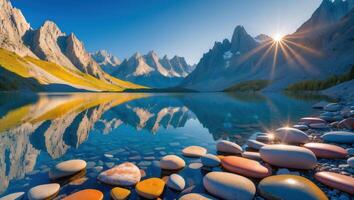 Still Mountain Lake Reflecting Peaks and Sky at Sunset with Rocks photo