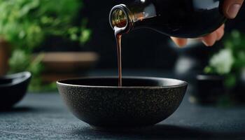 Close Up Shot Of Delicious Soy Sauce Being Poured Into A Bowl From A Bottle On A Black Table. Rich Colors And Textures photo