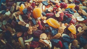 Assortment Of Dehydrated Fruits And Nuts In Focus With Tonal Adjustments For Enhanced Look. Ideal For Snacking Or Gift Giving photo