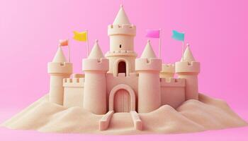 Sand Castle With Towers, Fort, Gates, And Flags On Pink. A Summer Vacation Scene With Render And Clipping Path Included photo