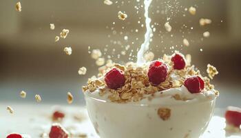 Nutritious Breakfast Option. Yogurt Mixed With Muesli. A Delicious And Nutritious Way To Start Your Day With A Blend Of Wholesome Ingredients photo
