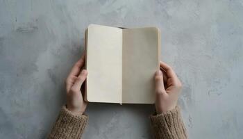 Top View Image Of Woman Holding Blank Notebook On Light Grey Table For Mockup Design With Empty Pages For Inserting Text Or Images photo