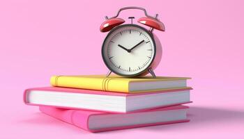 Cute Smooth Calendar Marked Approved Alarm For Eight O'Clock On Stack Of Books For Day, Month, Year, In Pink For Education And Learning Schedule Render photo