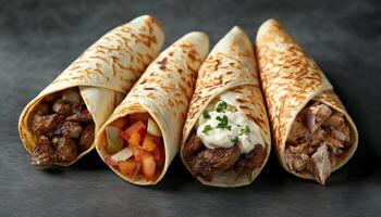 Family Deal. Side View Of Various Shawarma Platter And Doner Kebab Wraps On Grey Background At Turkish Fast Food Restaurant. photo