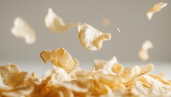 Crispy Falling Kettle Potato Chips On A White Surface With Complete Depth Of Field Captured In The Shot photo