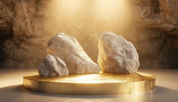 Minimalist Stage Product Presentation Pedestal With Rock Stones Podium Gold And Geometric Shapes, Platform, And Copy Space For Branding Abstract Composition Render photo