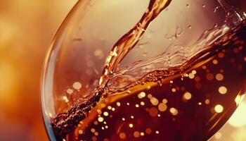 Macro Shot Of Red Wine Being Poured Into Glass. A Unique Perspective From Within The Glass, Creating A Stunning Composition photo