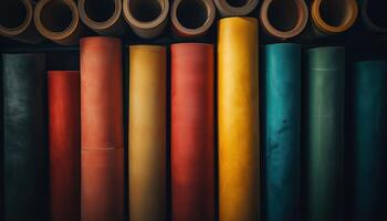 Various Rolls Of Genuine Leather Stored On A Rack In A Dark Workshop. Essential Materials For Handmade Crafts Production photo