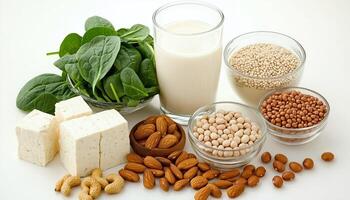 Top Vegan Protein Sources. Tofu, Vegan Milk, Beans, Lentils, Nuts, Soy Milk, Spinach, Seeds All On A White Table With Healthy Diet Options photo