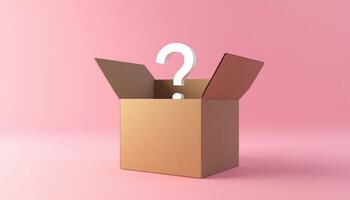 Open Goods Cardboard Box With White Question Mark Symbol On Pink Background. Faq Or Frequently Asked Questions, Render, Clipping Path Included photo