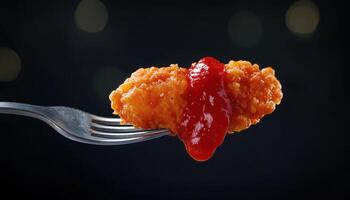 Mouthwatering Crispy Fried Chicken Topped With Tomato Sauce. Fried Chicken Served With Ketchup On A Fork For A Flavorful Bite photo