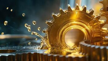 Freeze Motion Image Of Tooth Gear Wheel With Oil Splashes, Highlighting Lubrication Process And Mechanical Efficiency In Operation photo