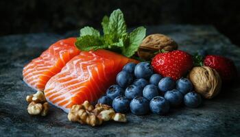 Nutritious Brain Food. Boost Your Brainpower With A Group Of Nuts, Fish, Vegetables, And Berries High In Omega 3 Fatty Acids For Mind Health. photo
