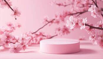 Japanese Cherry Blossom And Podium Cosmetics. Ideal For Branding And Product Presentation. Professional Rendering Included photo