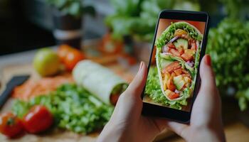 Chef Influencers Presenting A Fresh Salad Roll In A Step By Step Cooking Demo, Live Streaming On Social Media With Sellable Ingredients photo