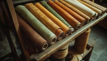 Assorted Rolls Of Genuine Leather On Display Rack In Artisan Workshop For Handmade Craft Production. Variety Of High Quality Materials photo
