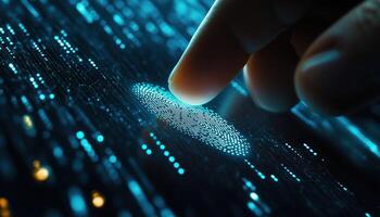 Businessman Utilizing Fingerprint Identification For Accessing Personal Financial Data. Biometrics Security And E Kyc Technology For Digital Crime Prevention photo