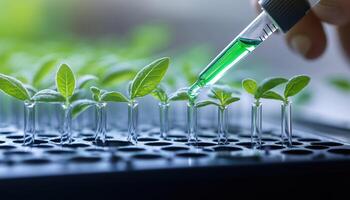 Biochemist Scientist Using Green Liquid With Micropipette To Observe Genetic Mutations And Analyze Biochemistry Expertise On Computer. Biologist Woman Working In Biochemistry Laboratory photo