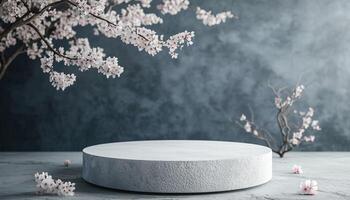Elegant Stone Podium And Sakura With White For Branding And Product Presentation In A Cosmetic Rendering Opportunity photo
