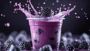Close Up Shot Of A Blackberry Smoothie Splash In A Plastic Cup, Featuring The Refreshing And Vibrant Colors Of The Drink photo