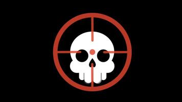 Loop animation of a glowing red crosshair targeting a white skull on black background. Flat style, heartbeat-like motion, ideal for gaming intros or danger alerts. video