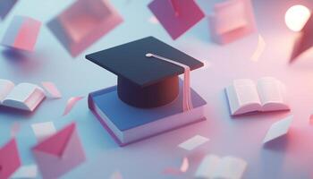 Diploma And Graduation Cap With Book Floating On A Pastel Background. Quality Courses, Exam Education, Information Warranty, Knowledge Assurance, Guarantee. photo