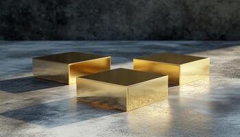 Geometric Gold. Square Box Podium With Abstract Composition For Product Presentation And Showcase With Copy Space On Floor. photo