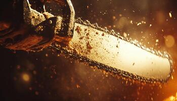 Close Up Of Woodcutter Using Chainsaw In Motion, With Sawdust Flying To The Sides To Bring Down Trees photo