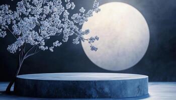 Japanese Moonlight. Stone Podium And Sakura Tree With Blue Hue For Product Presentation Renderings. photo
