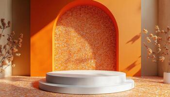 Round Podium Square With Arch Orange Terrazzo Ure Rendering Mockup Template, Depicting A Unique Design Concept For Architectural Presentations And Projects photo