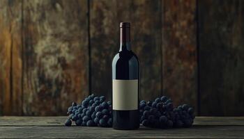 Red Wine Bottle And Blue Grapes On Antique Wooden Table With Vintage Label And Space For Text. Vintage Feel. Rich Colors photo