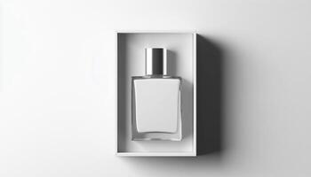 Elegant White And Silver Perfume Bottle In White Box For New Scent Promotion. High Quality Mock Up Rendering On White Background. photo