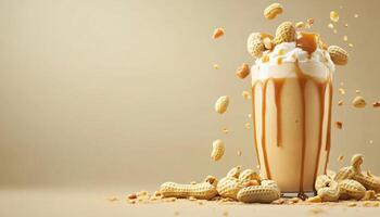Creamy Peanut Butter Shake With Generous Portion Of Peanuts, Drizzled With Caramel Sauce, All Against A Beige Background For Copy Space photo