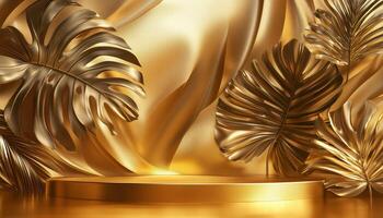 Elegant Gold Monstera Leaf Podium. A Luxurious Platform For Product Presentation With Geometric Shapes And Shadows On Curved Wall. Luxurious Rendering Design photo
