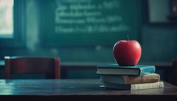 Apple Symbol And Pile Of Books In Classroom, Accompanied By A Written Board. Enhancing Education Environment In Student Setting photo