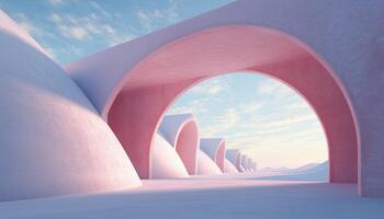 Abstract Surreal Pastel Landscape. Modern Building And Geometric Arches In A Ful Dune Scene With Copy Space, Blue Sky And Clouds. photo