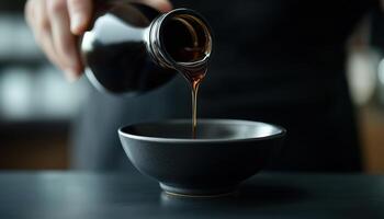 Close Up Shot Of Delicious Soy Sauce Being Poured From Bottle Into Bowl On Black Table, Showing The Tasty Pouring Process photo